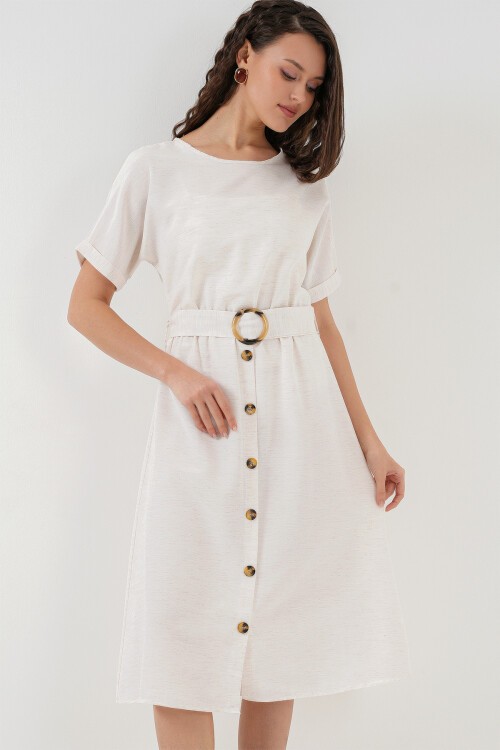 Merterium 2389 Kemerli Keten Elbise - Ekru