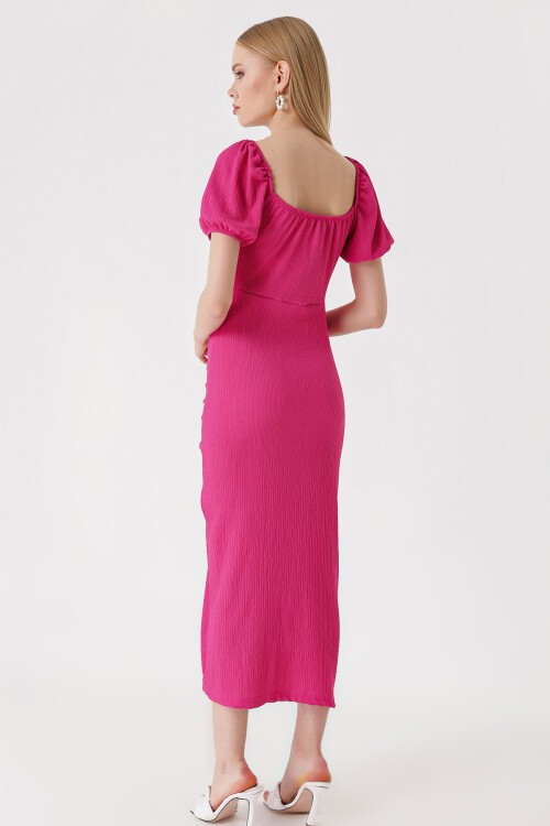 Merterium 2396 Yırtmaçlı Yazlık Örme Elbise - Fuşya