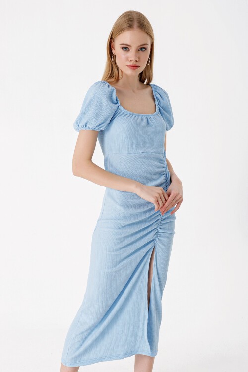 Merterium 2396 Yırtmaçlı Yazlık Örme Elbise - Mavi