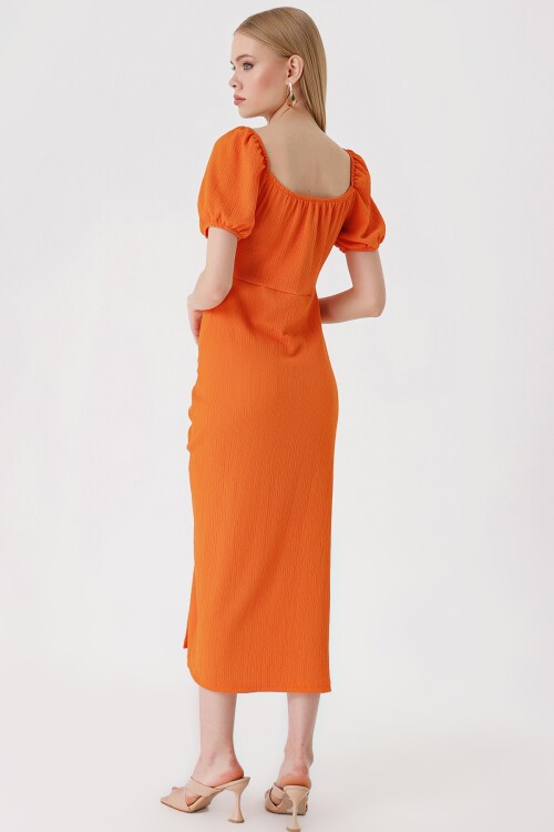 Merterium 2396 Yırtmaçlı Yazlık Örme Elbise - Turuncu