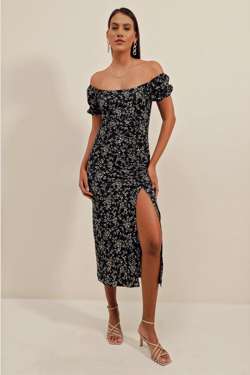 Merterium 2396 Yırtmaçlı Yazlık Örme Elbise - Y.Siyah