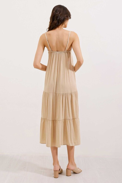 Merterium 2403 Askılı Midi Elbise - Krem