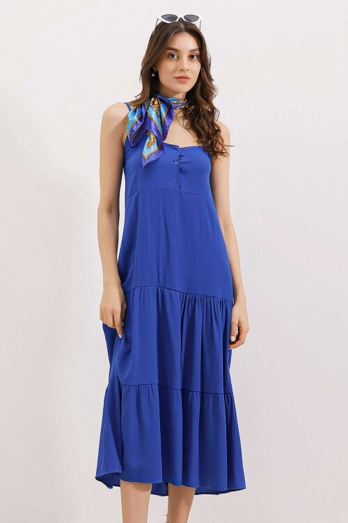 Merterium 2403 Askılı Midi Elbise - Saks