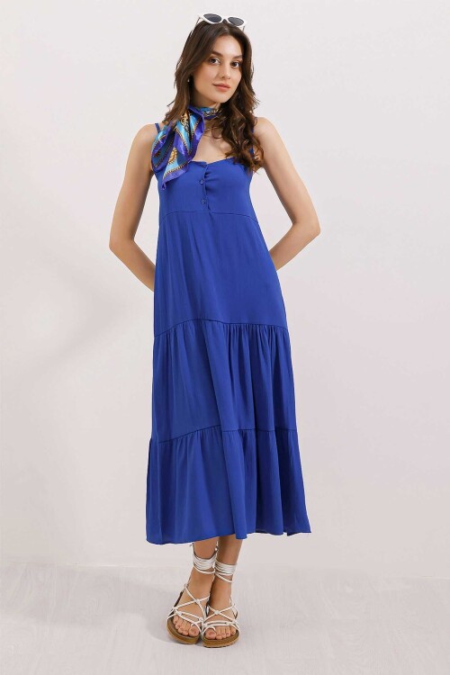 Merterium 2403 Askılı Midi Elbise - Saks