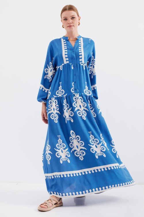 Merterium 2423 Otantik Desenli Tesettür Elbise - Beyaz - İndigo