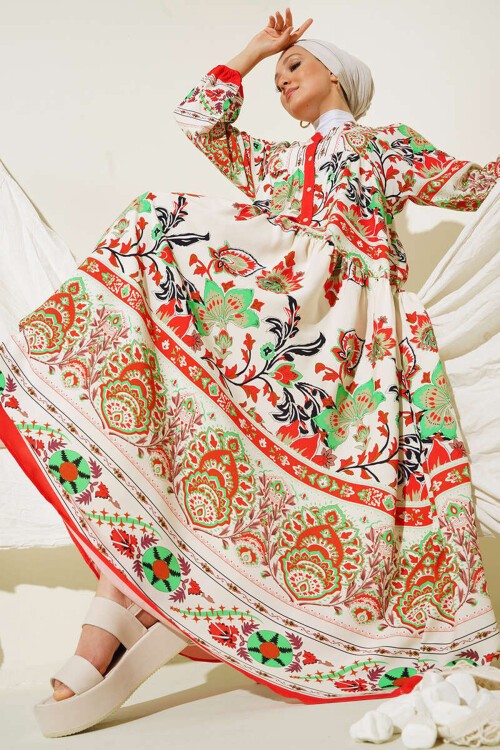 Merterium 2423 Otantik Desenli Tesettür Elbise - Kırmızı