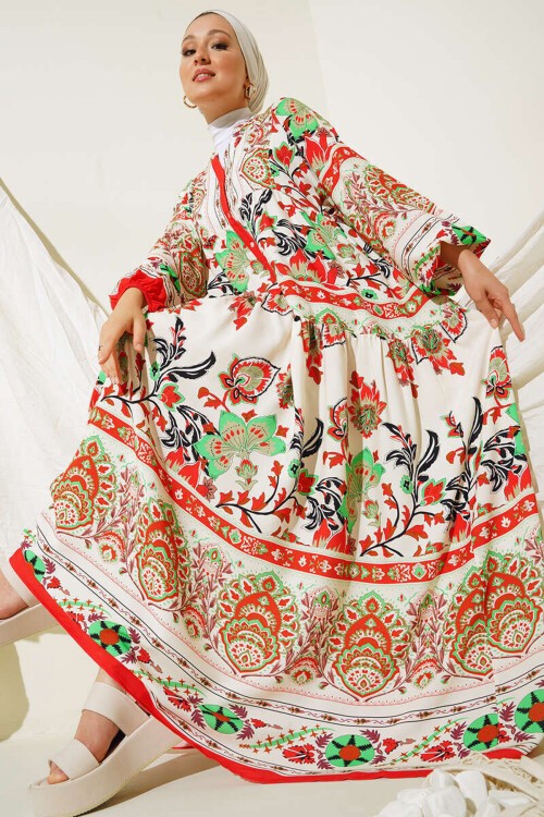 Merterium 2423 Otantik Desenli Tesettür Elbise - Kırmızı