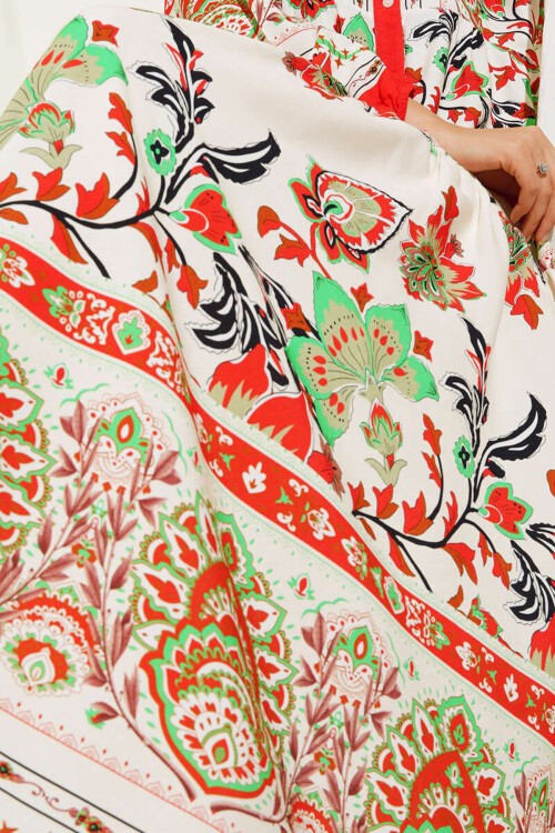 Merterium 2423 Otantik Desenli Tesettür Elbise - Kırmızı