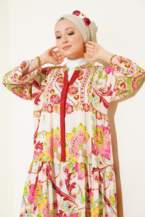 Merterium 2423 Otantik Desenli Tesettür Elbise - Y.Bordo