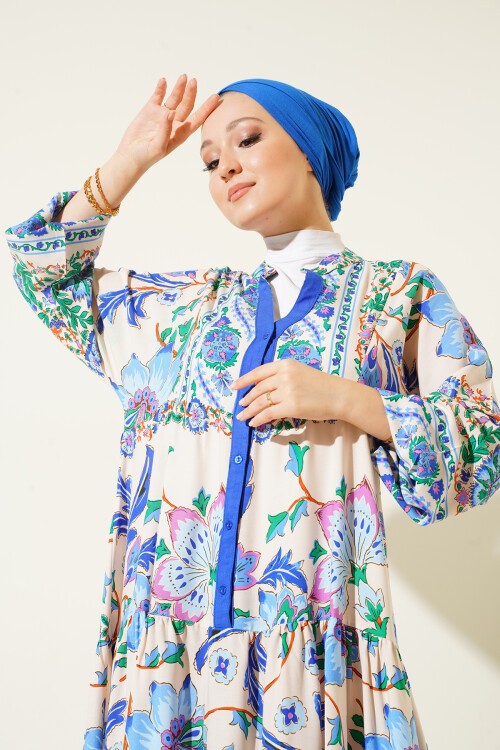 Merterium 2423 Otantik Desenli Tesettür Elbise - Y.Lacivert