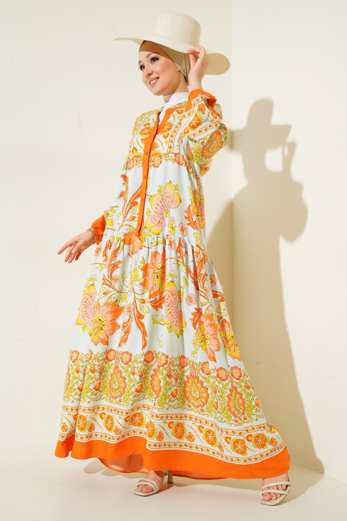 Merterium 2423 Otantik Desenli Tesettür Elbise - Y.Turuncu