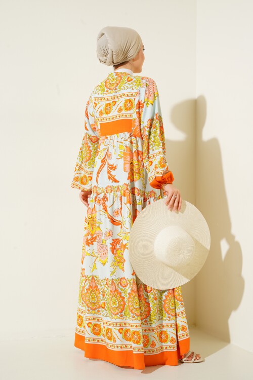 Merterium 2423 Otantik Desenli Tesettür Elbise - Y.Turuncu