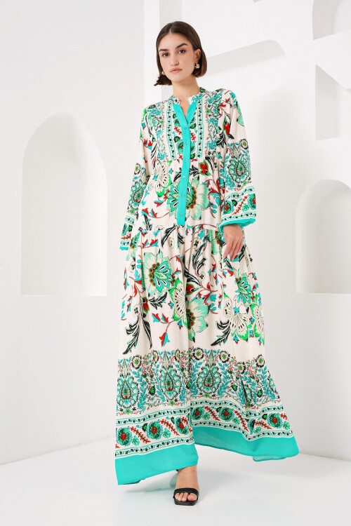 Merterium 2423 Otantik Desenli Tesettür Elbise - Y.Yeşil