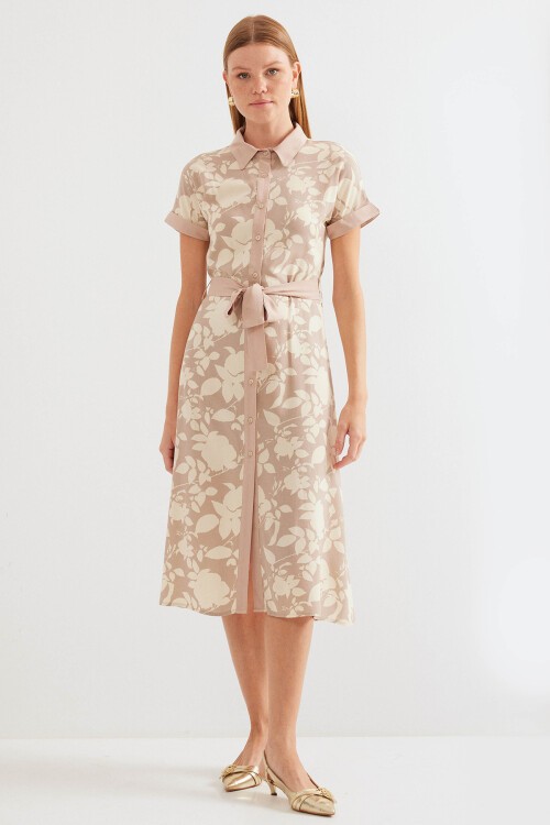 Merterium 2455 Desenli Gömlek Elbise - Bej
