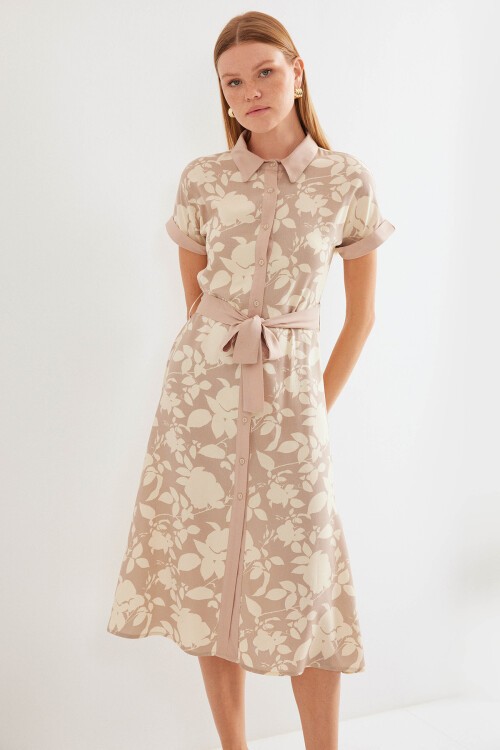 Merterium 2455 Desenli Gömlek Elbise - Bej
