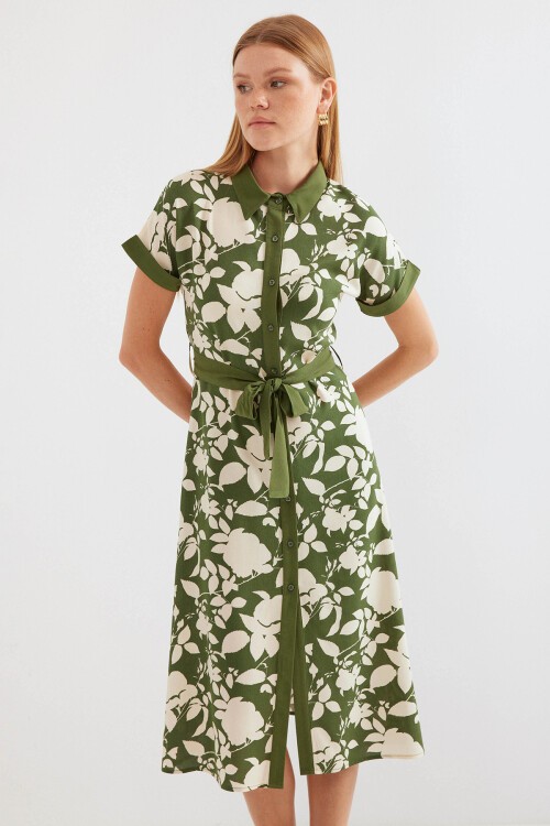 Merterium 2455 Desenli Gömlek Elbise - Haki