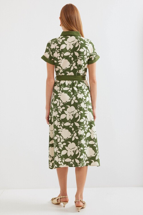 Merterium 2455 Desenli Gömlek Elbise - Haki