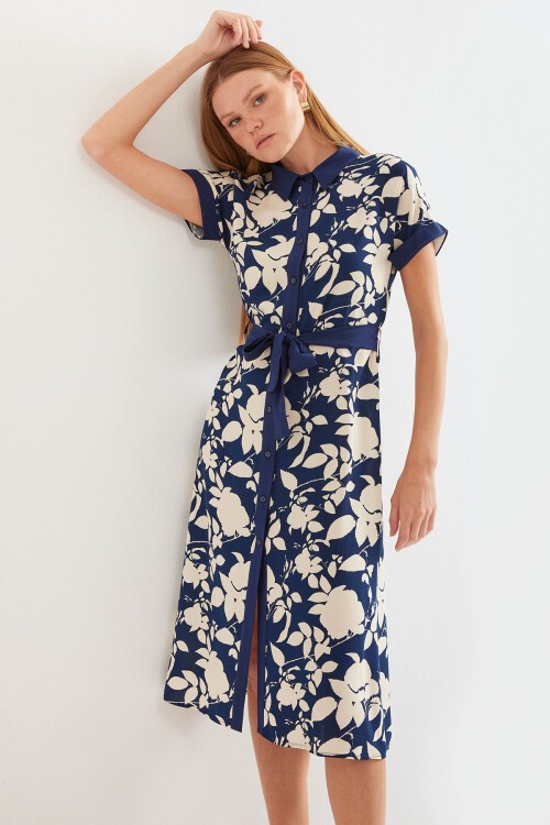 Merterium 2455 Desenli Gömlek Elbise - Lacivert
