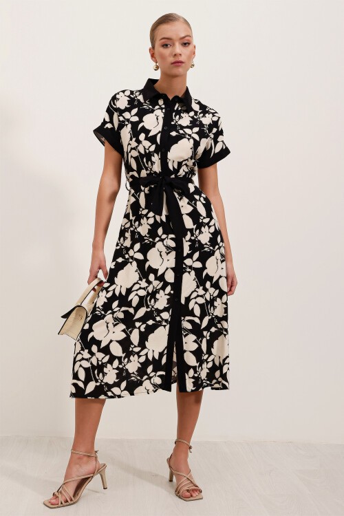 Merterium 2455 Desenli Gömlek Elbise - Siyah