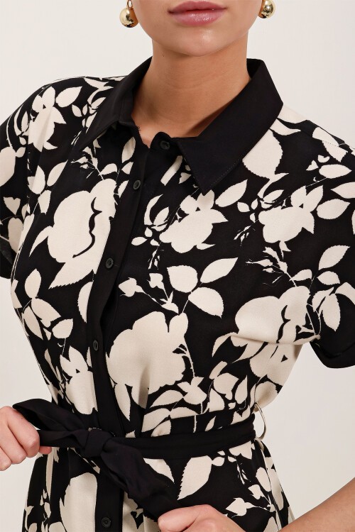 Merterium 2455 Desenli Gömlek Elbise - Siyah