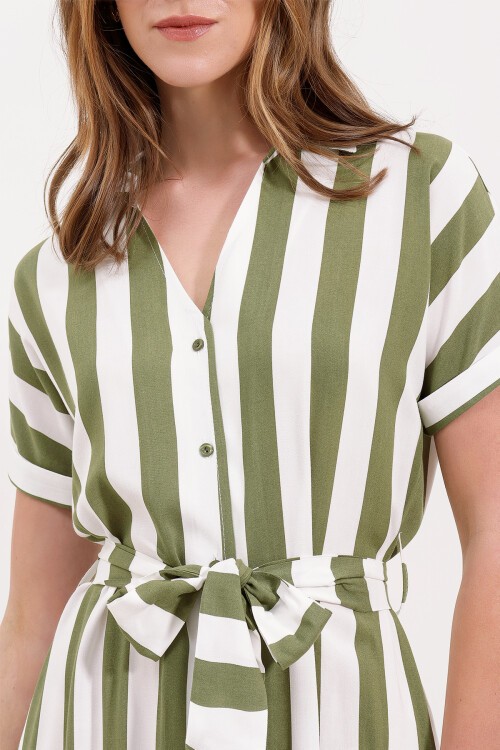 Merterium 2456 Çizgili Gömlek Elbise - Çağla