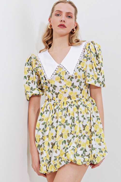 Merterium 2478 Çiçekli Mini Elbise - Sarı