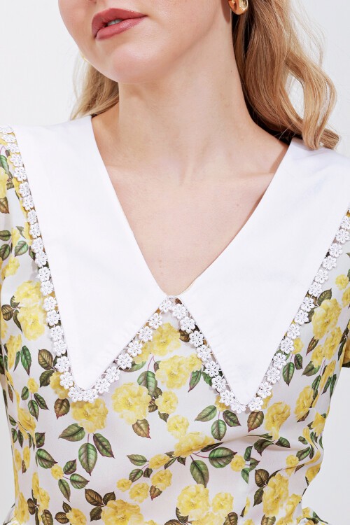 Merterium 2478 Çiçekli Mini Elbise - Sarı