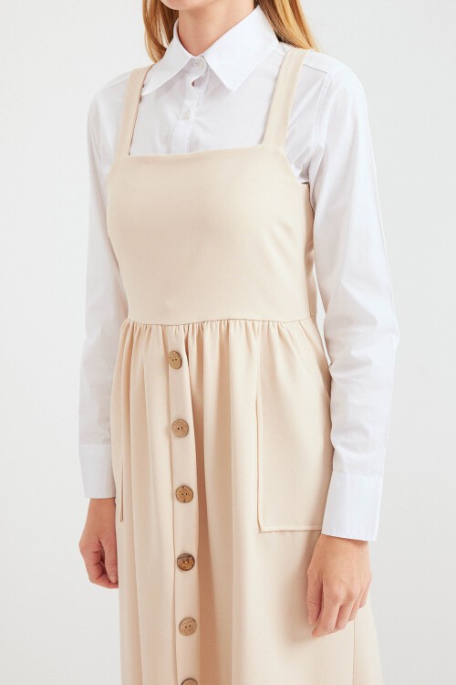 Merterium 2490 Uzun Salopet Elbise - Krem