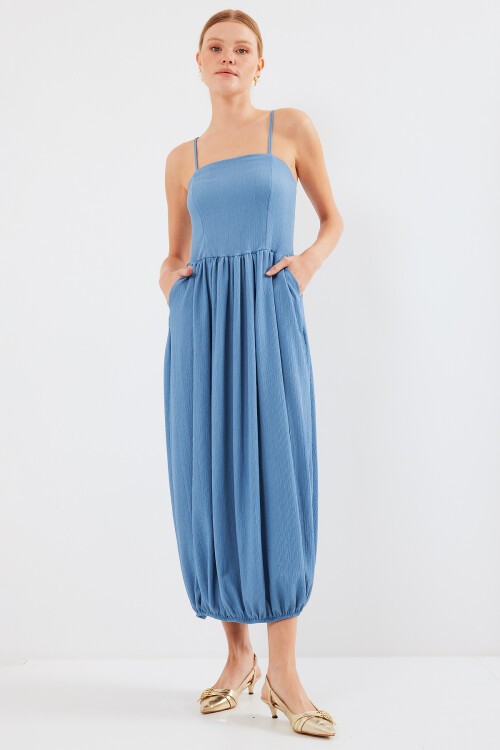 Merterium 2492 Askılı Örme Salopet Elbise - İndigo