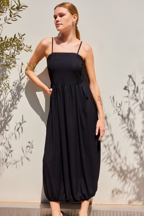 Merterium 2492 Askılı Örme Salopet Elbise - Siyah