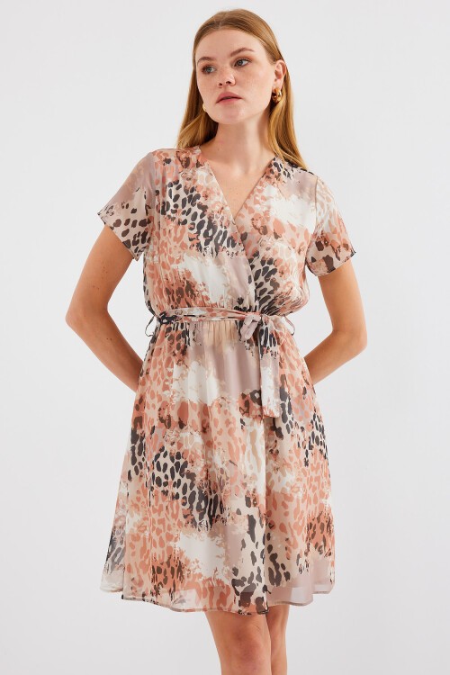 Merterium 2502 Kısa Kol Desenli Şifon Elbise - Bej