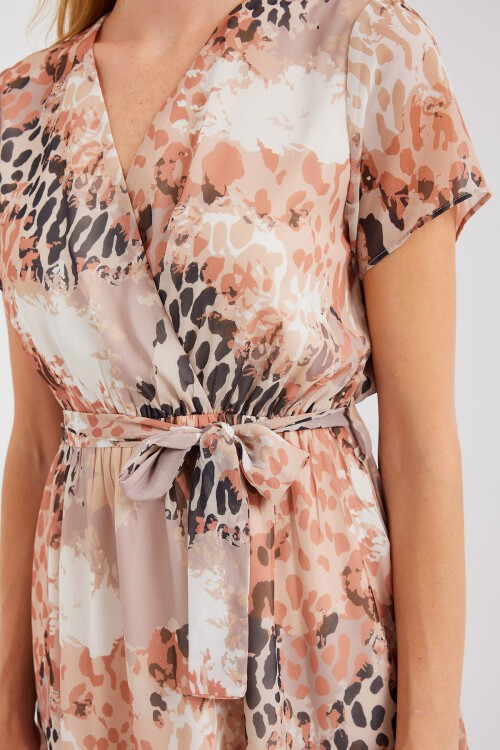 Merterium 2502 Kısa Kol Desenli Şifon Elbise - Bej