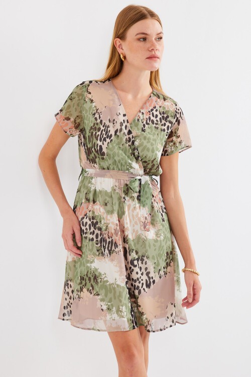 Merterium 2502 Kısa Kol Desenli Şifon Elbise - Çağla