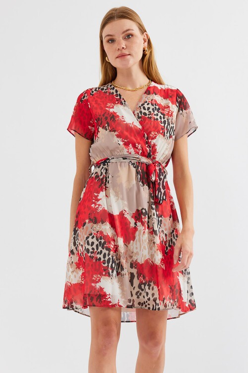 Merterium 2502 Kısa Kol Desenli Şifon Elbise - Kırmızı