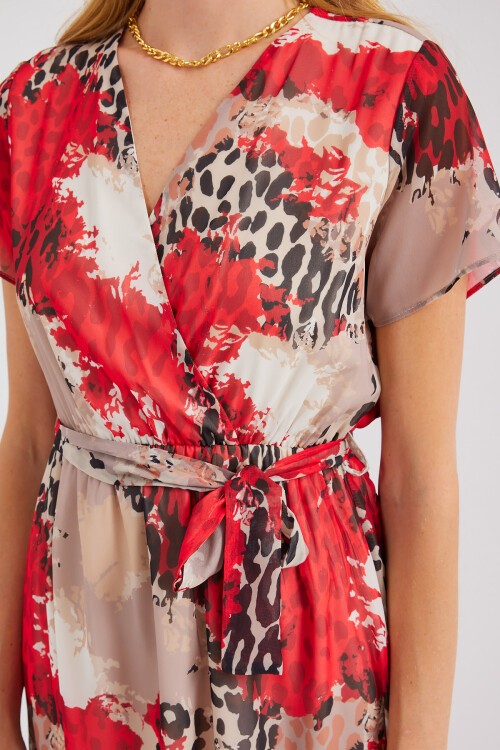 Merterium 2502 Kısa Kol Desenli Şifon Elbise - Kırmızı