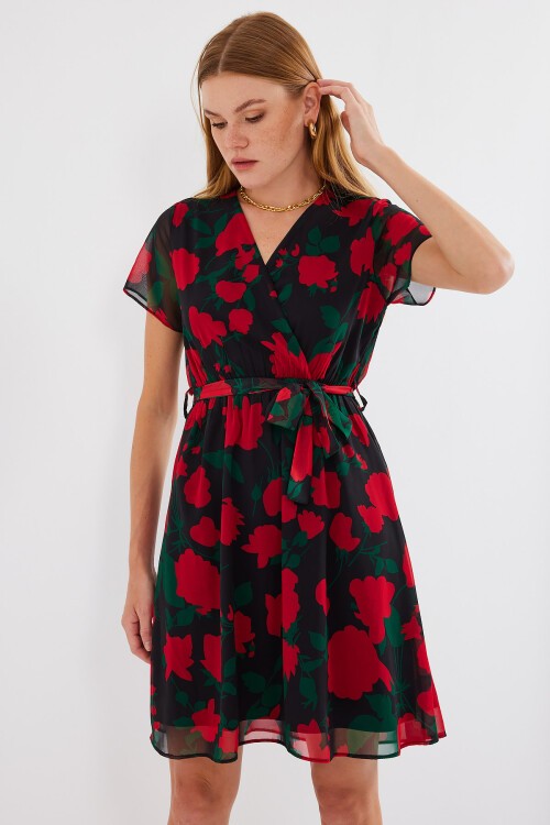 Merterium 2502 Kısa Kol Desenli Şifon Elbise - Siyah