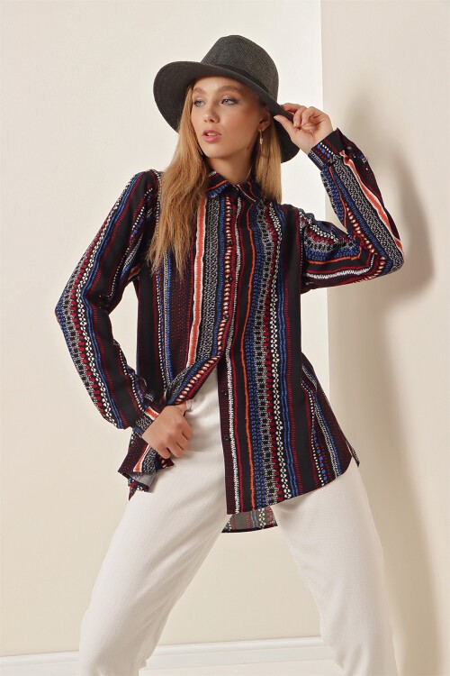 Merterium 3721 Grafik Desenli Gömlek - D.Lacivert