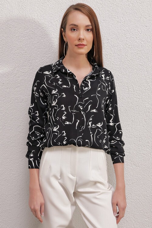 Merterium 3721 Grafik Desenli Gömlek - E.Siyah