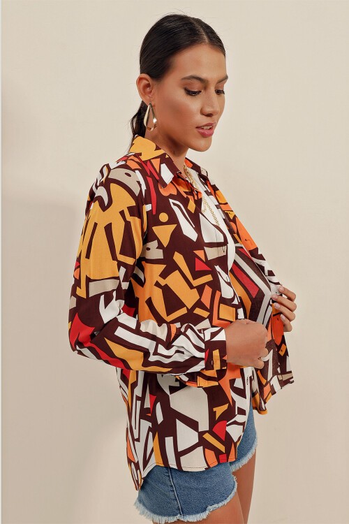 Merterium 3721 Grafik Desenli Gömlek - Koyu Kahve