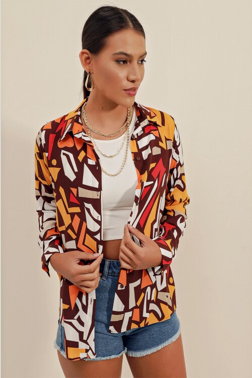 Merterium 3721 Grafik Desenli Gömlek - Koyu Kahve