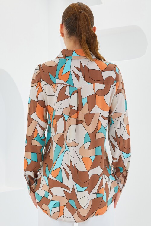 Merterium 3721 Grafik Desenli Gömlek - Sütlü Kahve