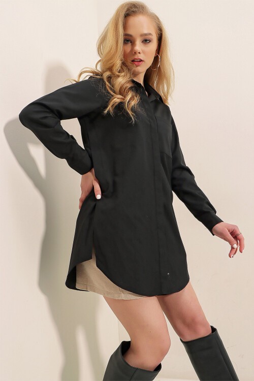 Merterium 3879 Oversize Cepli Gömlek - Siyah