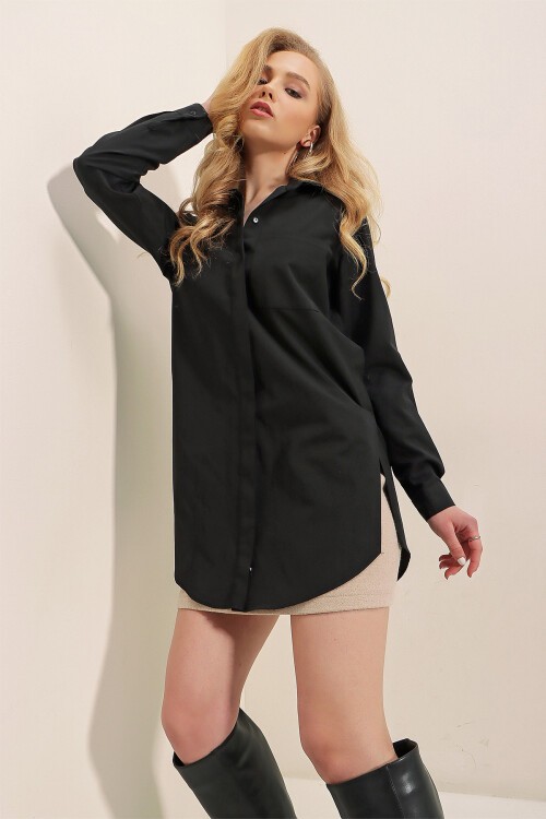 Merterium 3879 Oversize Cepli Gömlek - Siyah