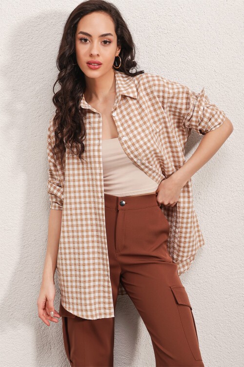 Merterium 3900 Oversize Kareli Gömlek - Y.Bej