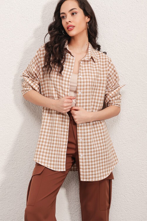 Merterium 3900 Oversize Kareli Gömlek - Y.Bej