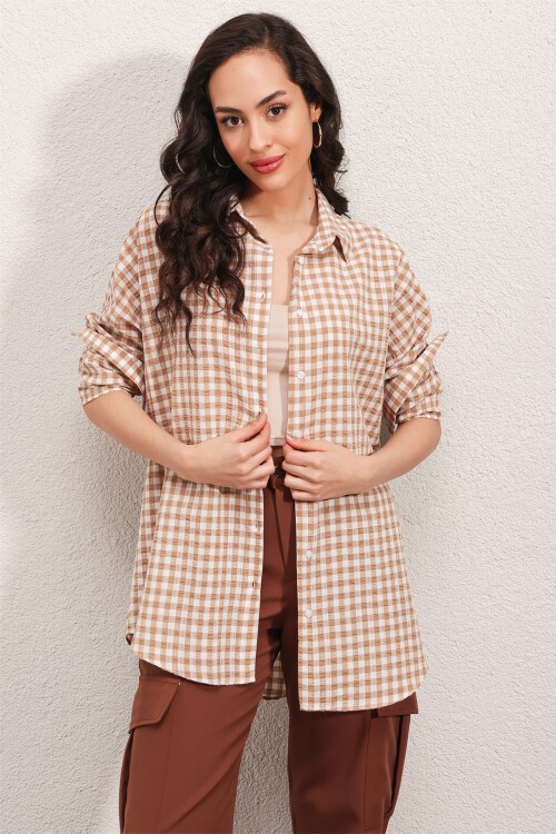 Merterium 3900 Oversize Kareli Gömlek - Y.Bej