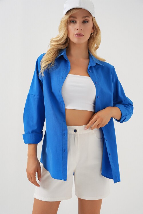 Merterium 3900 Oversize Uzun Basic Gömlek - B.Mavi