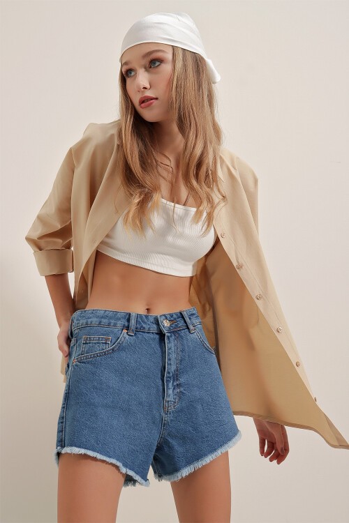 Merterium 3900 Oversize Uzun Basic Gömlek - Bej