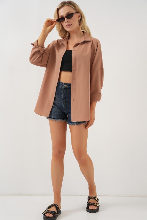 Merterium 3900 Oversize Uzun Basic Gömlek - Camel