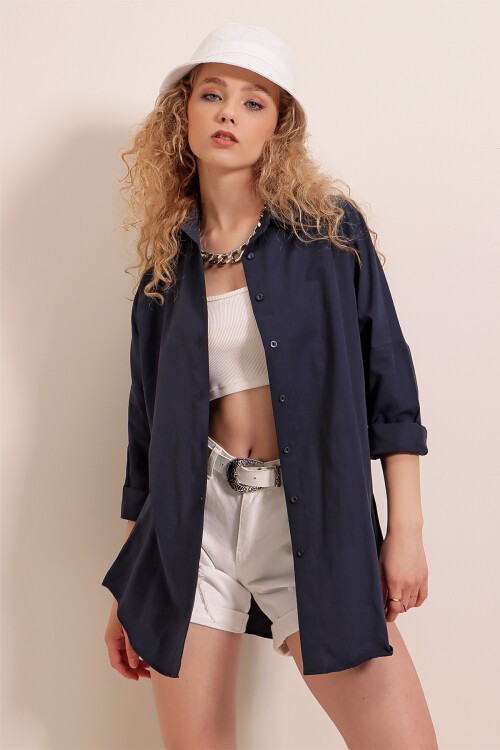 Merterium 3900 Oversize Uzun Basic Gömlek - Lacivert